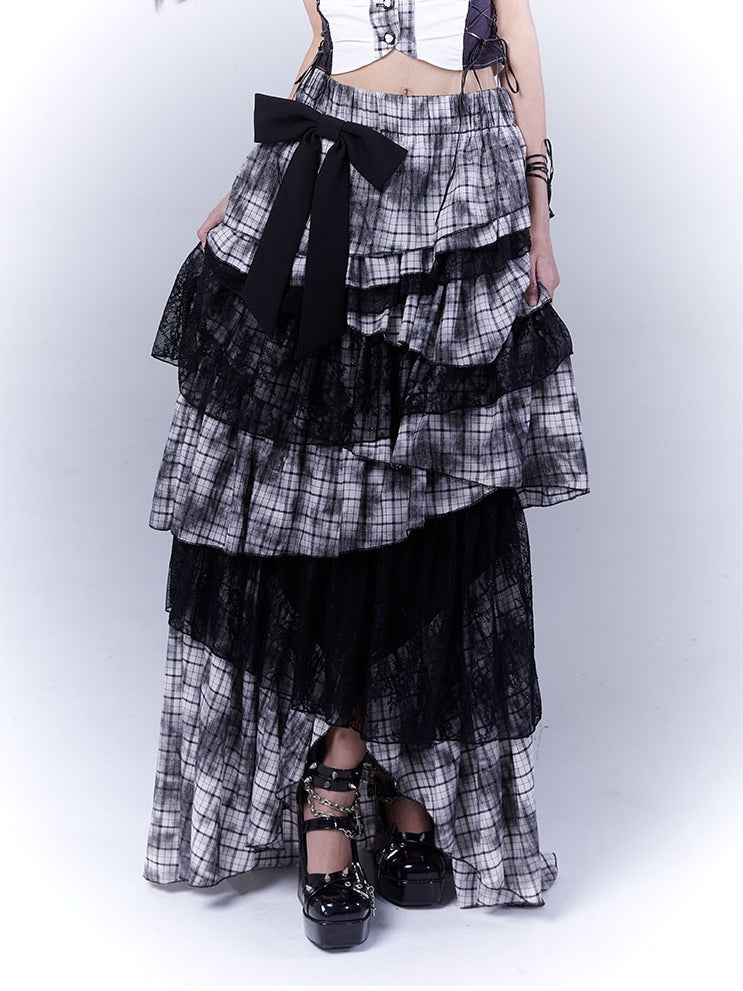 Regular/Long Version Asymmetrical Tiered Plaid Skirt Black Punk