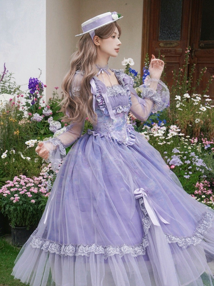 Print Elegant Classic Square Lolita Neckline Purple Painting Oil Full Set Skirt OP