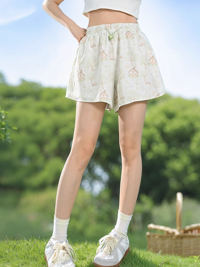 Drawstring Waist Wide-leg Shorts Adorable Bunny Print Green