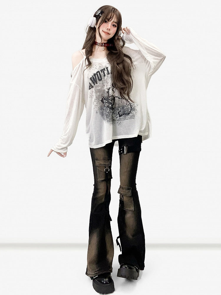 Asymmetrical Print Top Neckline Long Sleeves White Design
