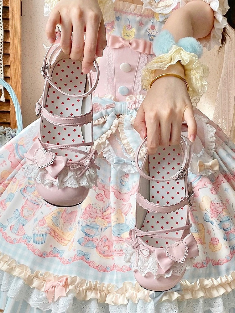 Jane Block Mid Lolita Pink Straps Heel Crisscross in Sweet - Shoes Mary