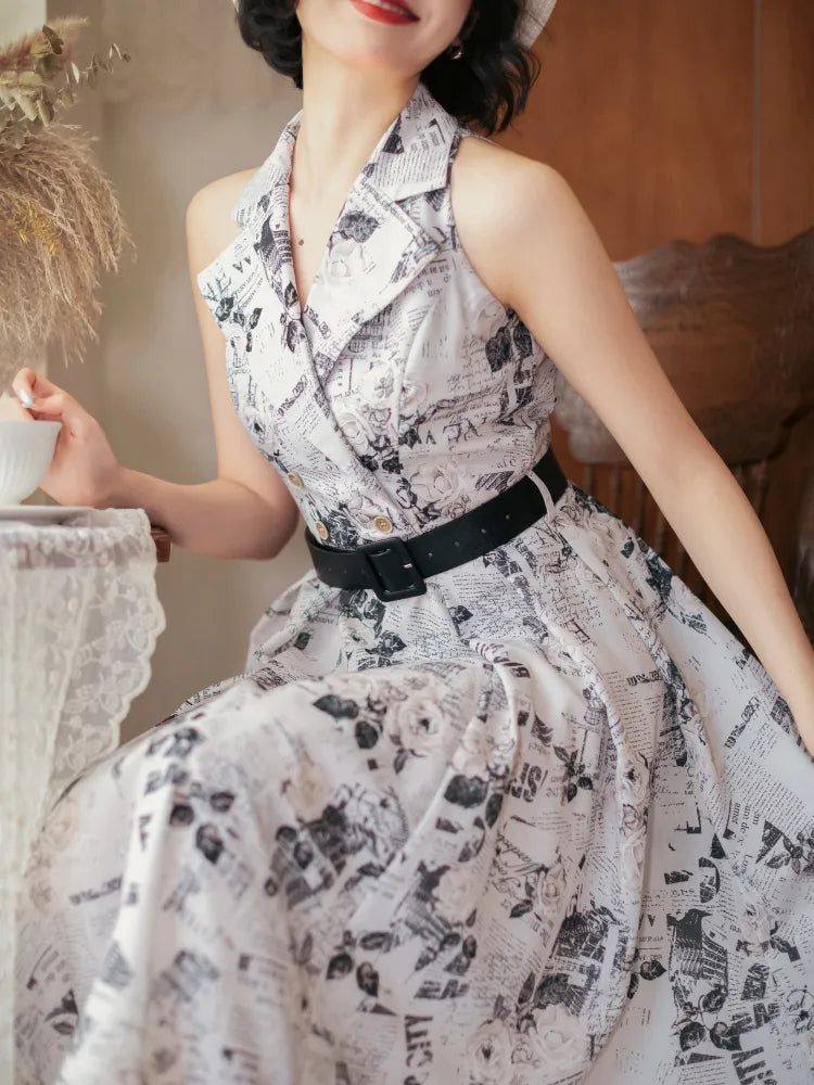 Blazer Collar 1950s Retro Dress Summer Fashion Print Newspaper