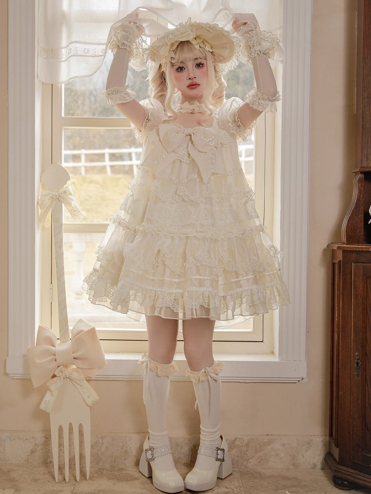White Embroidered Bow Creamy Lolita Dress Sleeves Big Short Puff Neckline