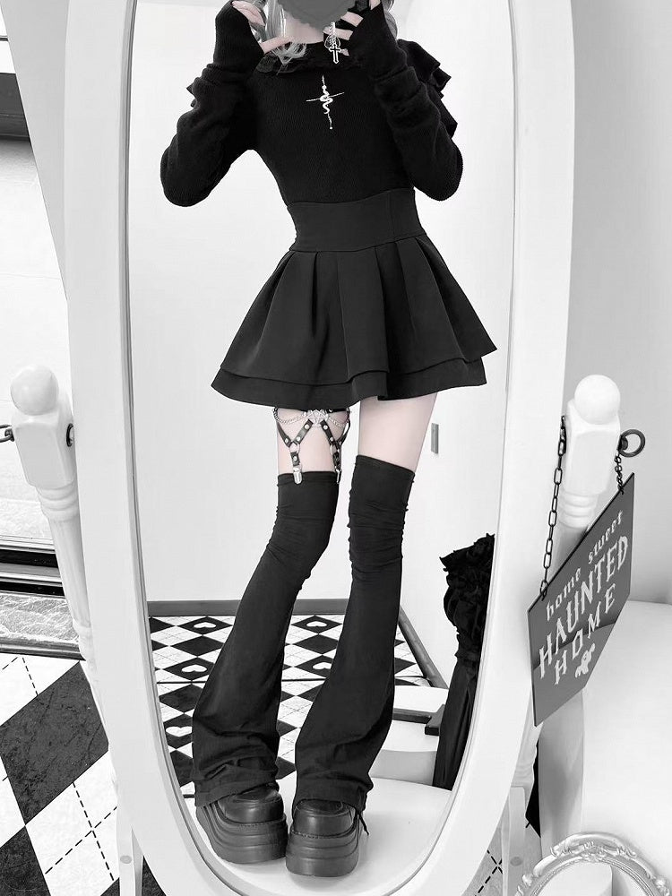 Knit Top with Snake Embroidery Mock Neck Gothic Flutter and Sleeves Black