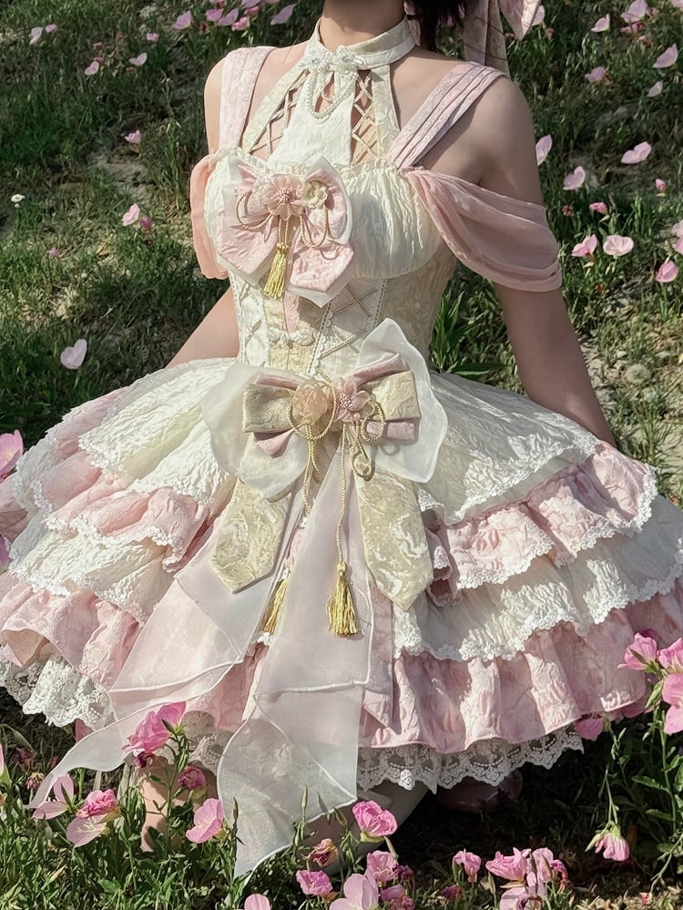 Hals Baskenkleid Taille Rosa Rock Halter Tiered Qi Abnehmbare Lolita
