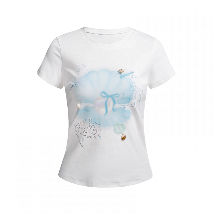 Print White Round Neck Slim-fitting Pearl T-shirt Seashell and