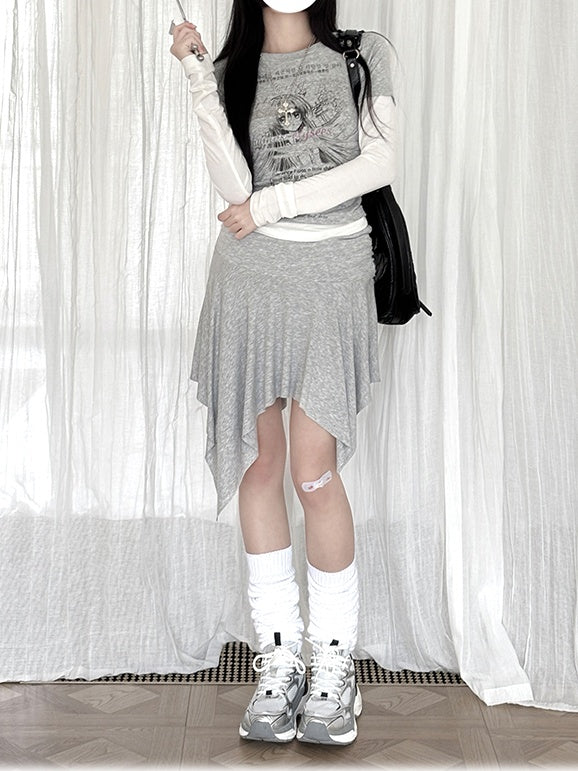 Grey Cartoon Top/Asymmetrical Two-pieces Hooded Hem Skirt Girl Print Faux