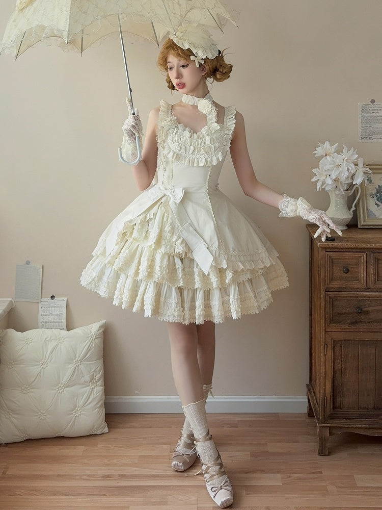 Beige Elegant Slim Fit Waist Tiered Skirt Lolita Jumper Skirt