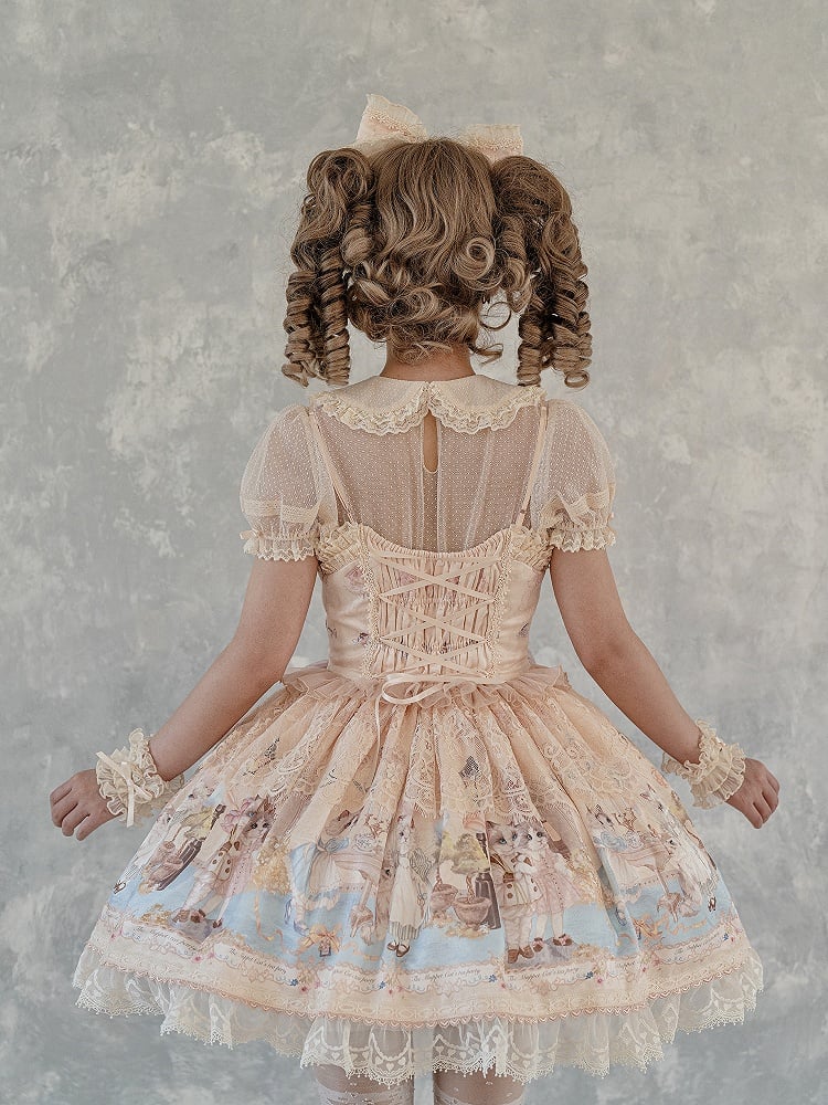 Kleid Volles Mieder Print Teeparty Korsett Set Lolita Kitty Sweet JSK Beige