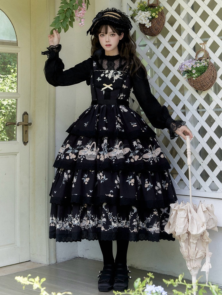 Rock Classic und Lolita Stufenpullover Print Blumen Lilienkleid Kirschschwarz