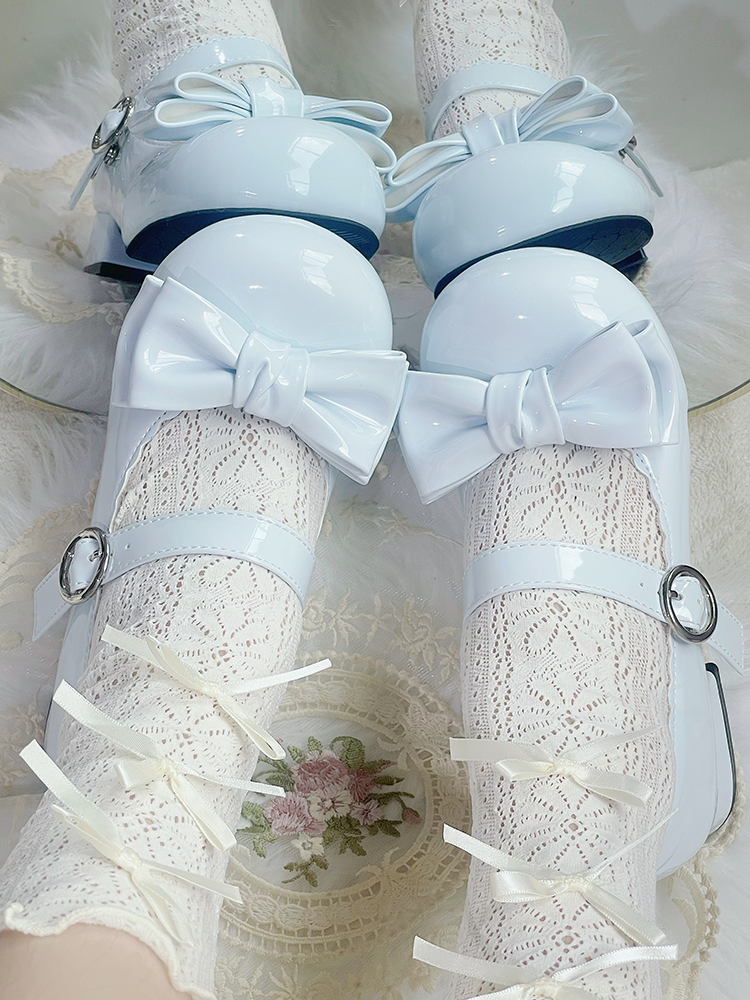 Süße Lolita-Mary-Janes in Blau mit Schleife und runder Zehenpartie und Blockabsatz
