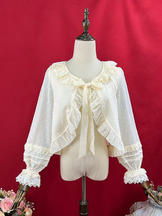 Apricot Flounce Trim Placket Self-tie Neckline Long Sleeves Top