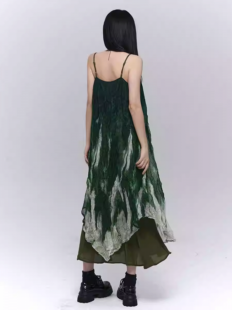 Robe à bretelles spaghetti à volants et ourlet asymétrique vert dégradé
