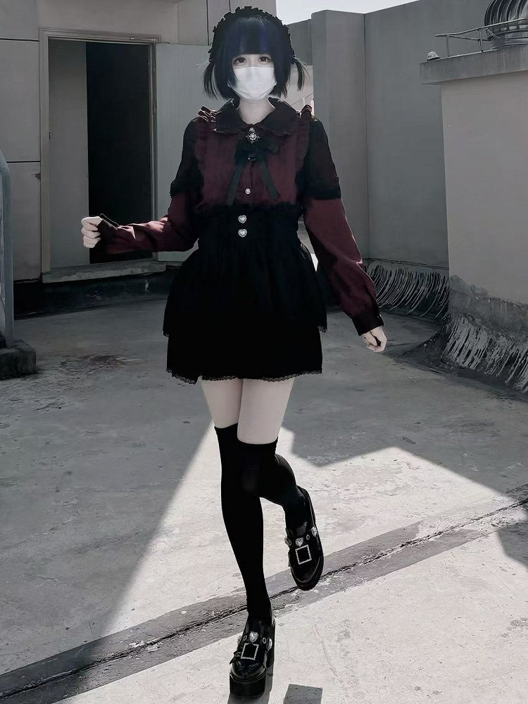 Pleating Outfit- Black Shirt Jirai Kei Skirt Red + Details Tiered
