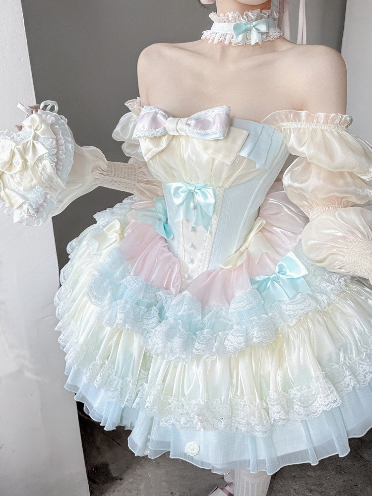 Sweet Lolita Balletcore Dress Blue Tiered Pink Skirt Yellow Boned Corset Waist