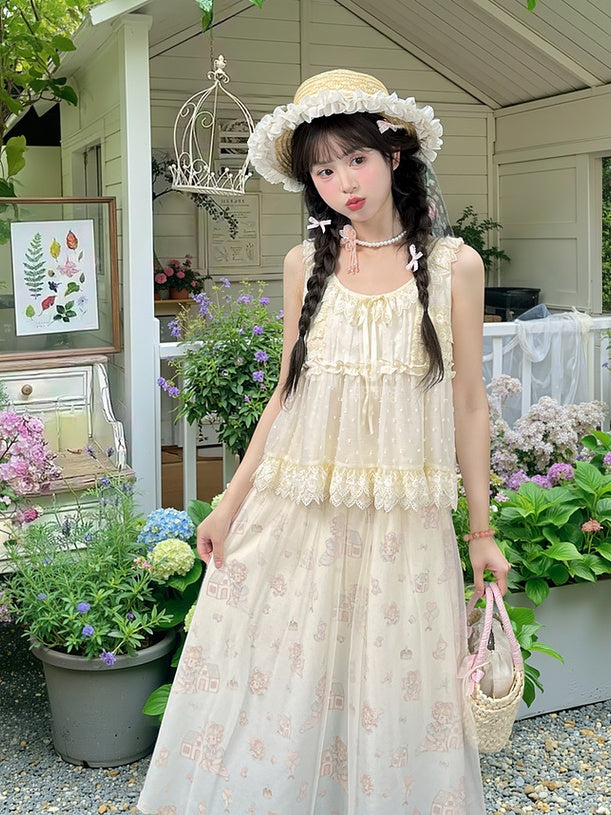 Self-tie Tank Top Bow Lace Trim Elegant with Beige Tiered
