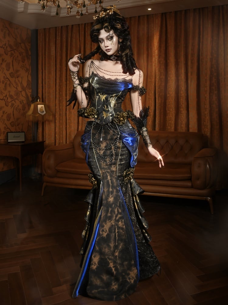 Gold Roses Schwarz und Gold Goth Korsett Top mit Stäbchen