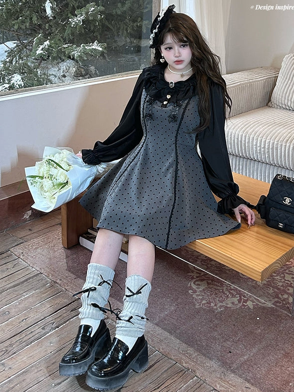 Robe grise grande taille à pois et taille haute avec nœuds