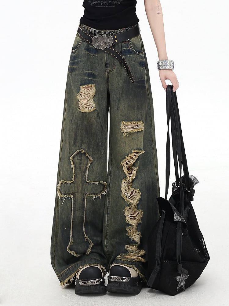 Y2K Cross Applique Blue Distressed Holes Wide-Leg Jeans Vintage