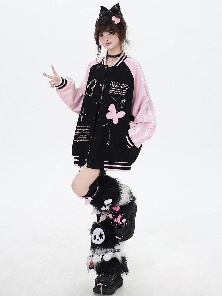 Black and Pink Colorblock Design Butterfly Baseball Jacket