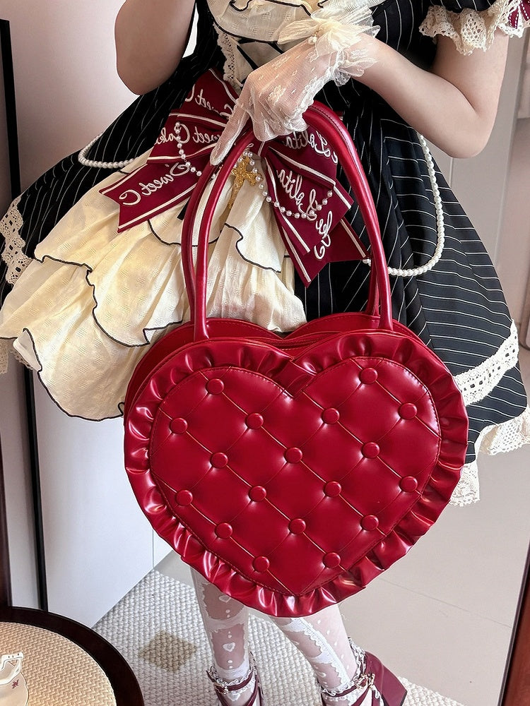 Red Ruffle with Trim Heart Lolita Bag Quilted PU