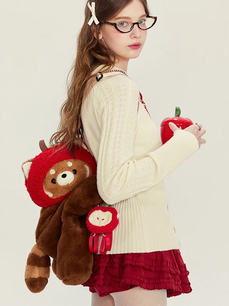 + Apple Red Backpack/Crossbody Brown 28/40 cm Panda/Apple Bag Cute Keychain Plush Hat Panda