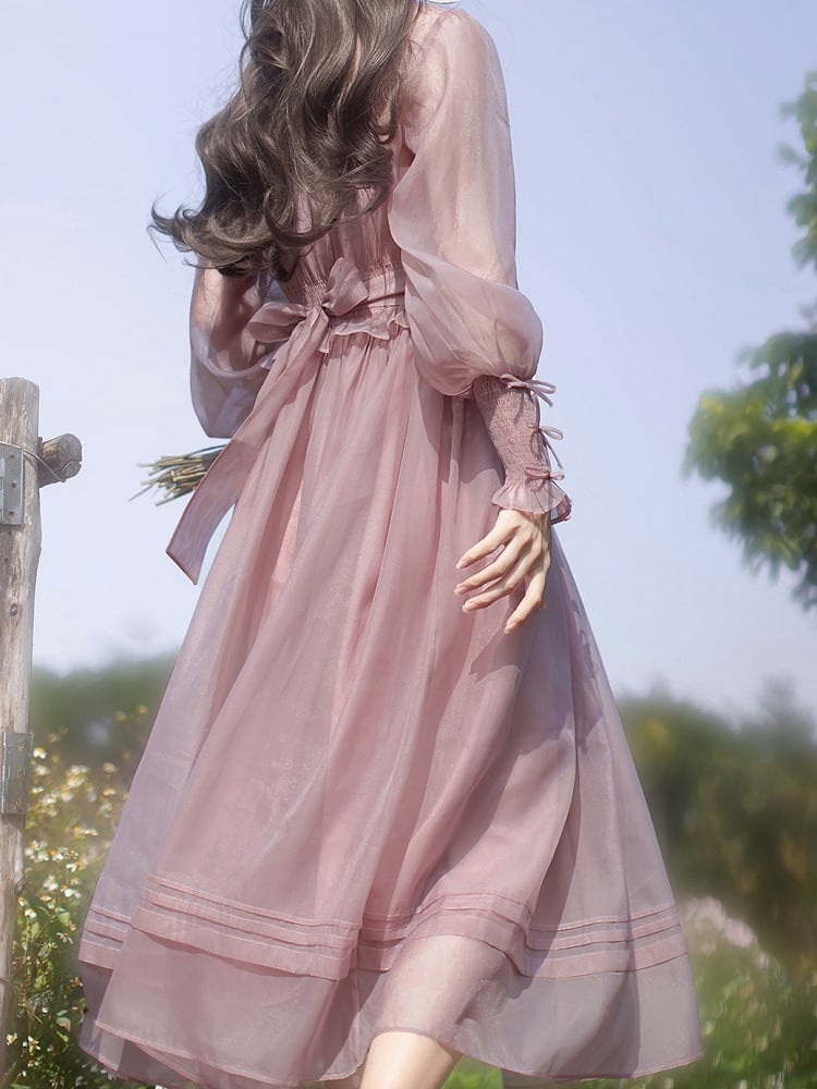 Manschetten Elastisches Mesh-Kleid Altrosa Elegante Details mit Bischofsärmeln Schleife