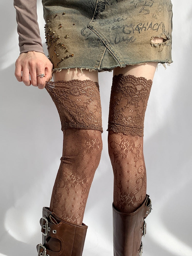 Lace Stockings Gray/White/Brown/Blue/Black Trim Over-knee Hollow-out Design