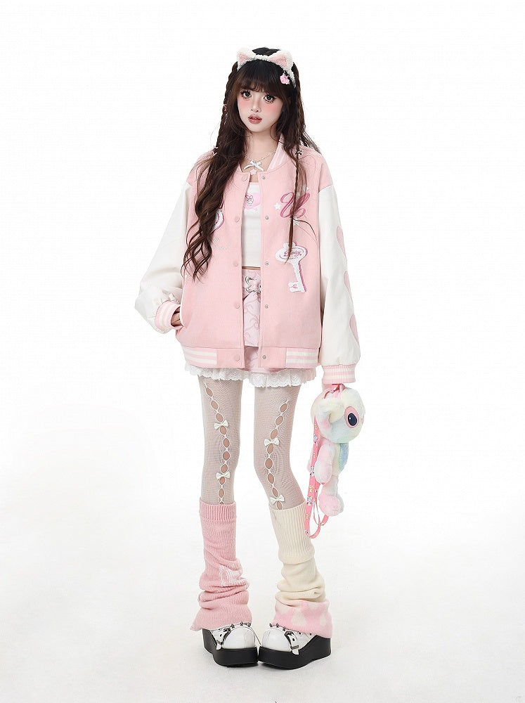 Veste de baseball Yume Kawaii rose/bleu avec appliques clés