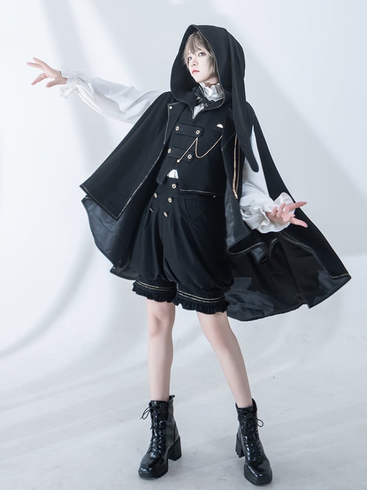 Schwarzer Ouji Lolita Fashion High-Low Saum-Umhang