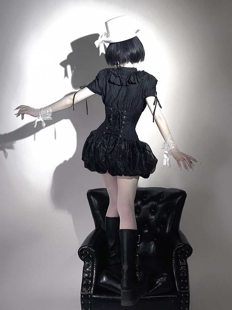 Gothic Layered Neckline Lolita Black with Waist Ruffles Blouse Elastic Smocked