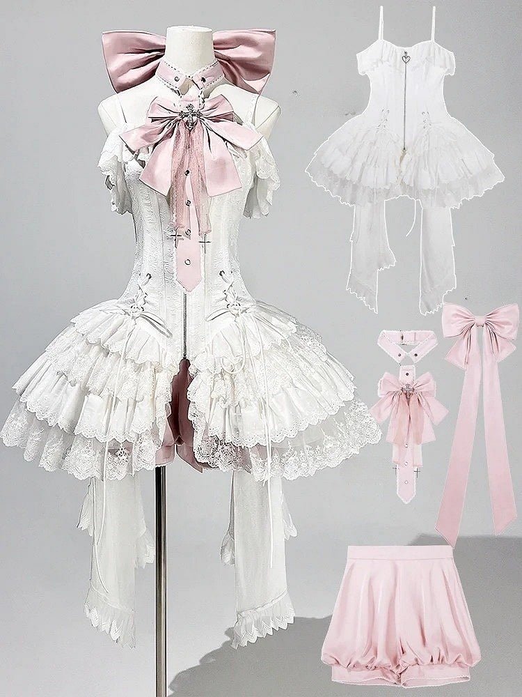 Straps Spaghetti JSK Lolita Pink Balletcore White Corset + Dress