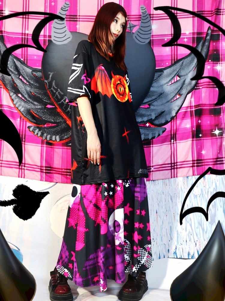 Kuro Kawaii Black Skeleton and Star Print Cami Dress Plaid Heart Pattern