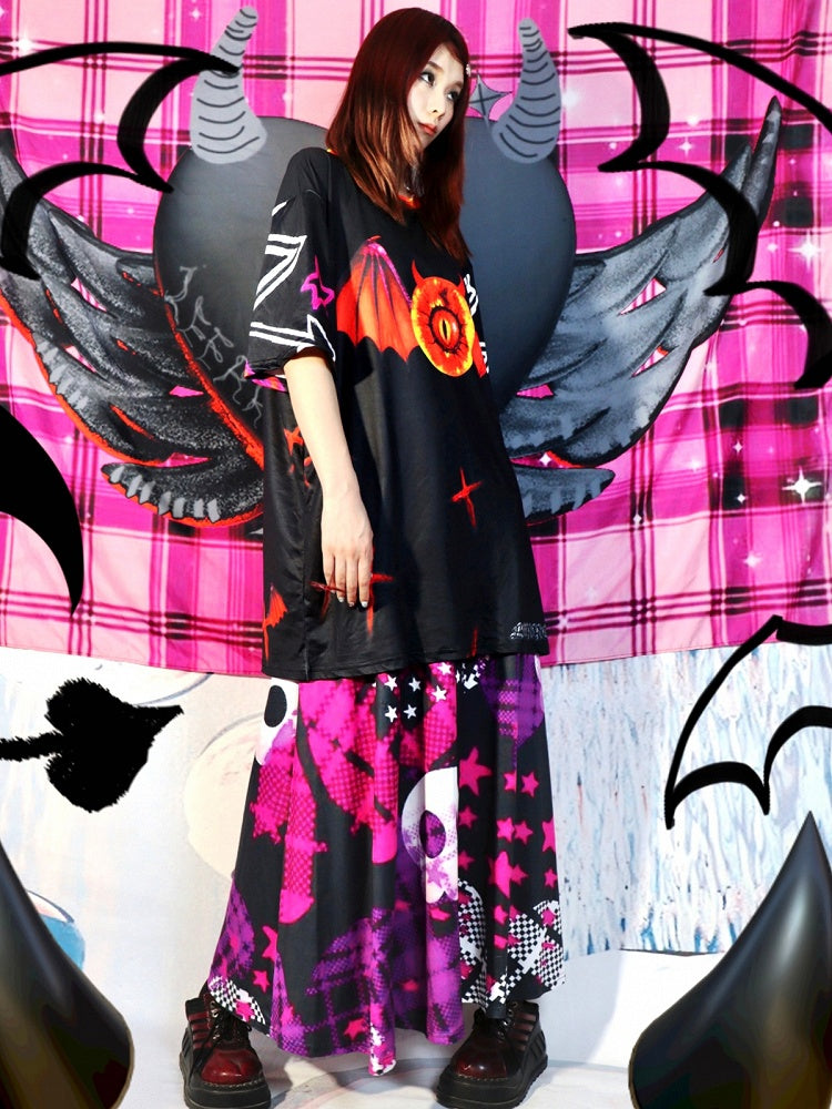 Cami-Kleid mit kariertem Herzmuster, Kuro Kawaii, schwarzes Skelett und Sternendruck