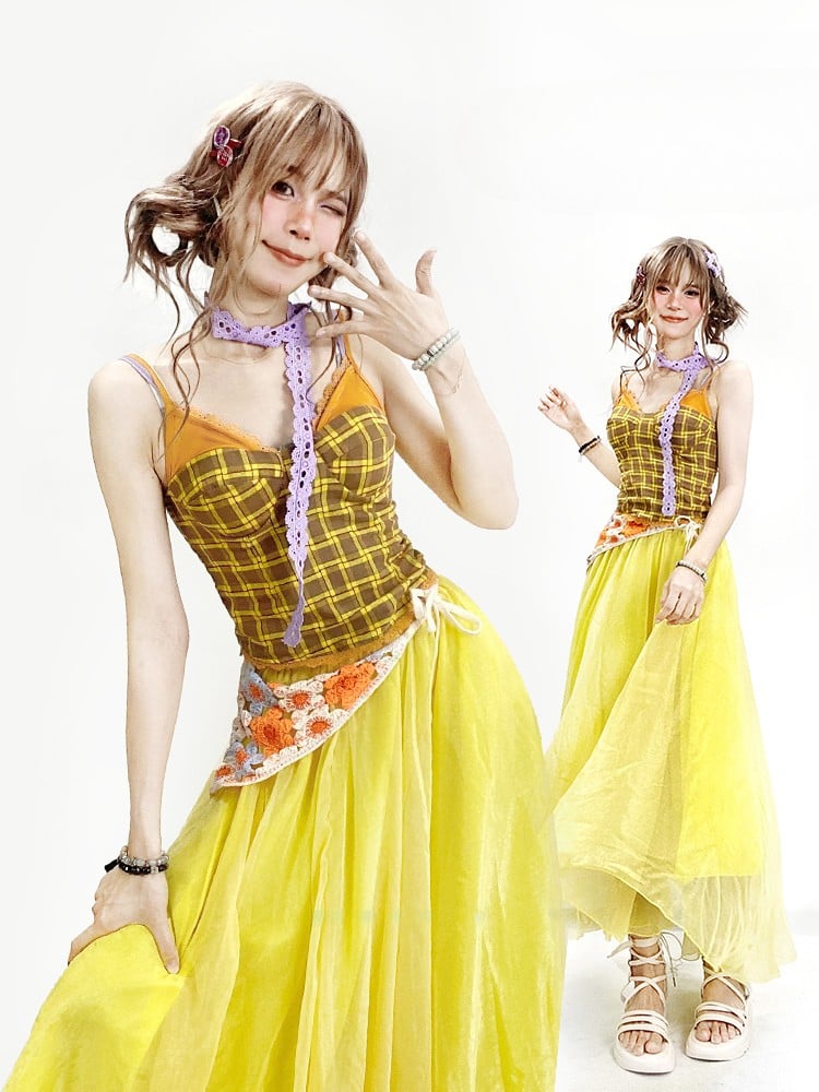 Scarf Cami Top Purple Plaid Y2K Yellow With