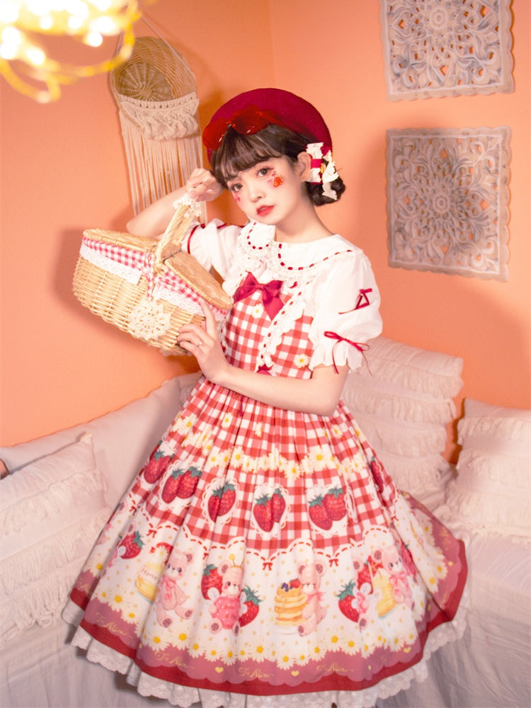 Wine Red Plaid Strawberry and Bear Print Cottagecore Country Sweet Lolita Dress Jumper Skirt