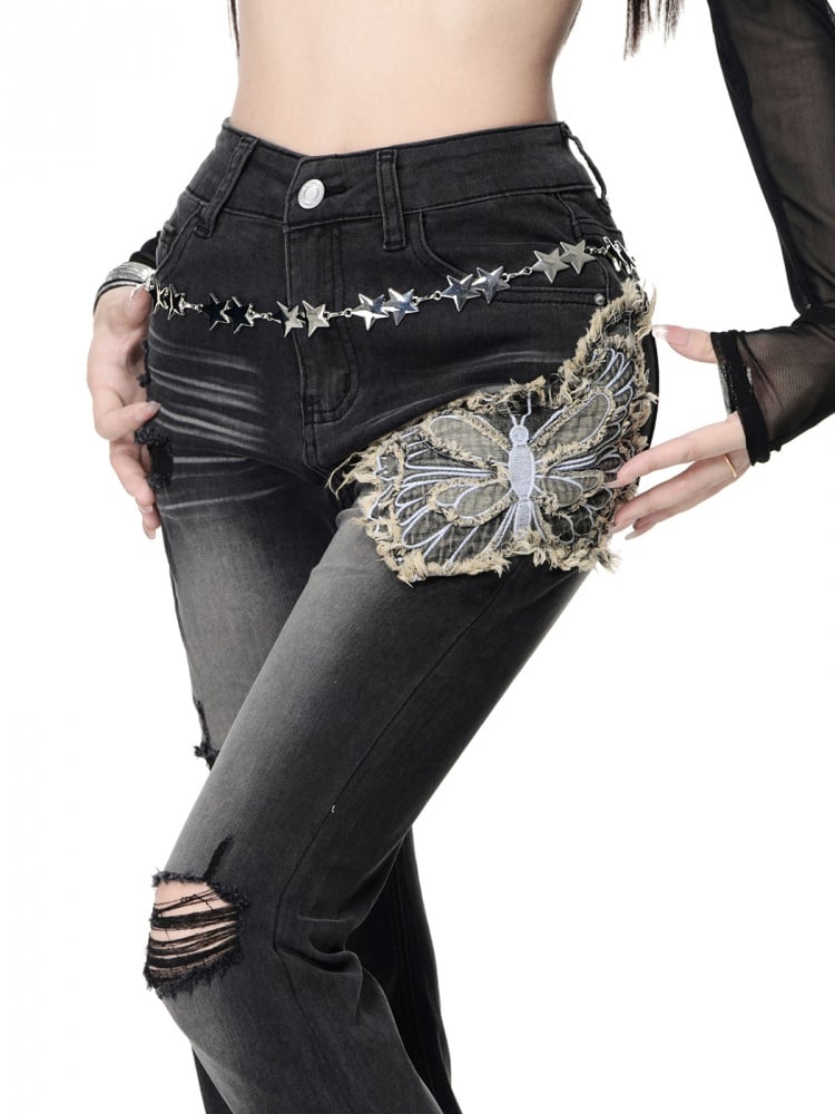 Schwarze Jeans mit Fischschwanz und Schmetterlingsapplikation im Used-Look