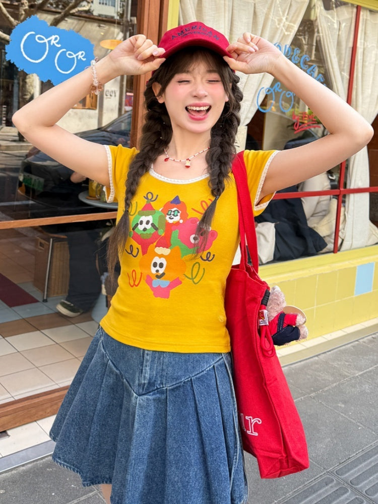 Cartoon Print T-Shirt Neck Ginger Lace Trim Round
