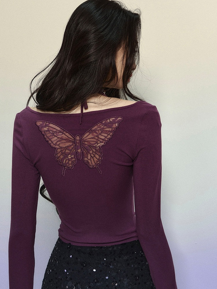 Lila Spitzenoberteil mit Schmetterlingsausschnitt und Neckholder und langen Ärmeln