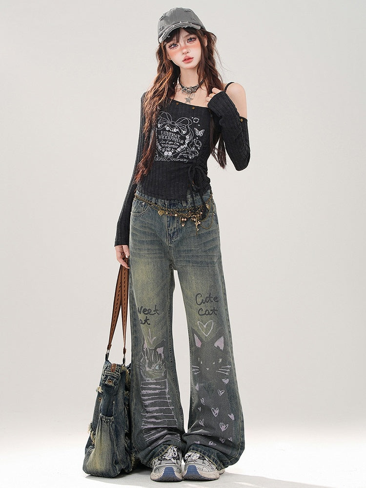 Denim Cute Print Wide-leg Blue Kitties Wash Cut Faded Jeans