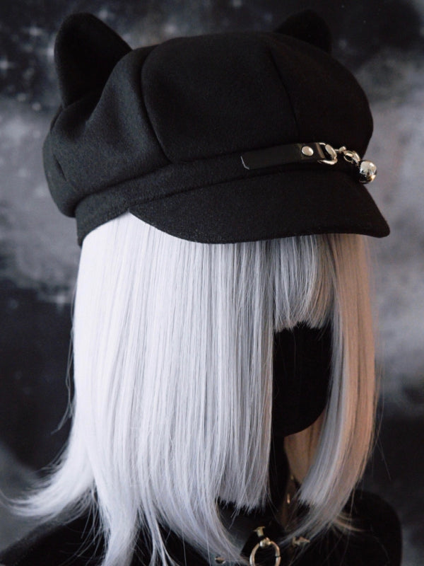 Hut Katze Schnalle Ohr Schwarz Design Gothic Glocke Charme Baskenmütze