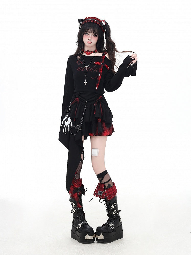 Cami Dress Skirt Red and Black Plaid Drawstring Waist Handkerchief Hem Tiered