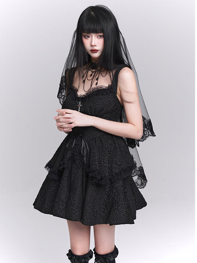Skirt Gothic Black Sweetheart Neckline Lace-up Front Tiered
