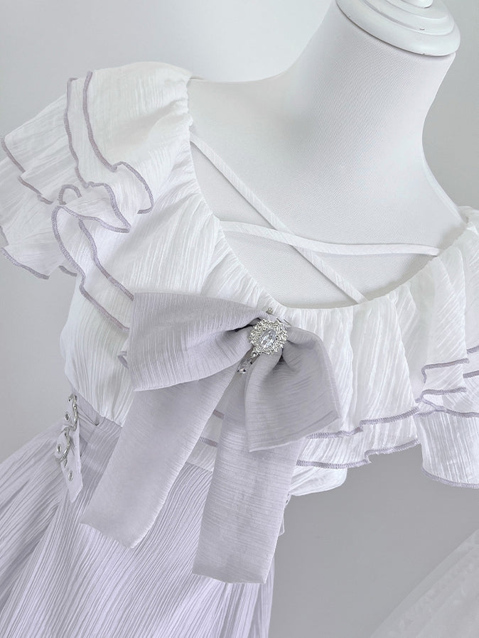 Dress with Flounce Waist Jirai Buckles Bowtie Hem Heart Version Neckline Tiered Lavender Short Kei