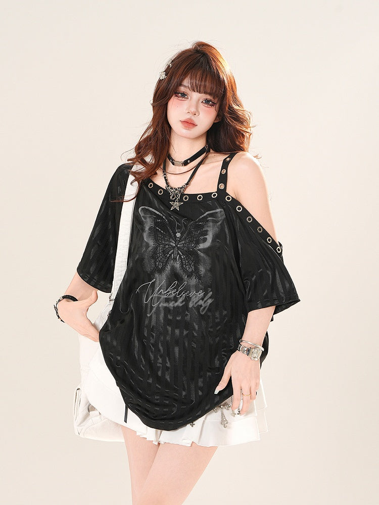 Striped T-shirt Asymmetrical Neckline Butterfly Print Black/White