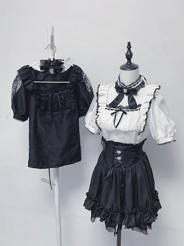Outfit Cutout Black Kei Blouse Neck Corset - and Square Shoulder Skirt Lace-up White Jirai
