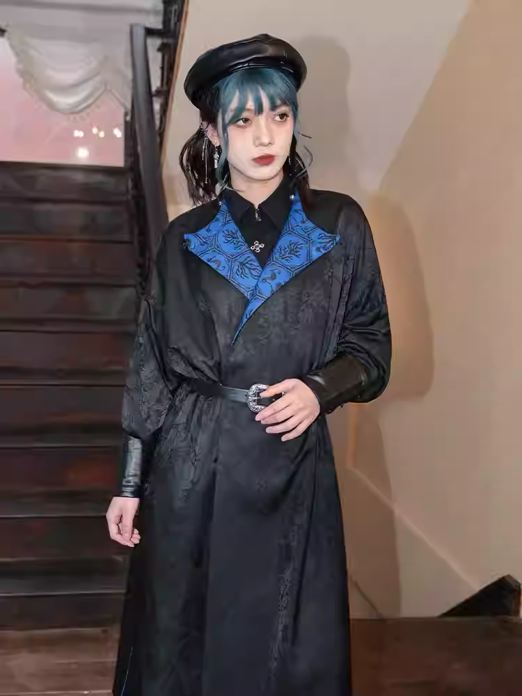 Cheongsam Style Long Coat Print and Blue Coral Black Jacquard Seahorses Reversible