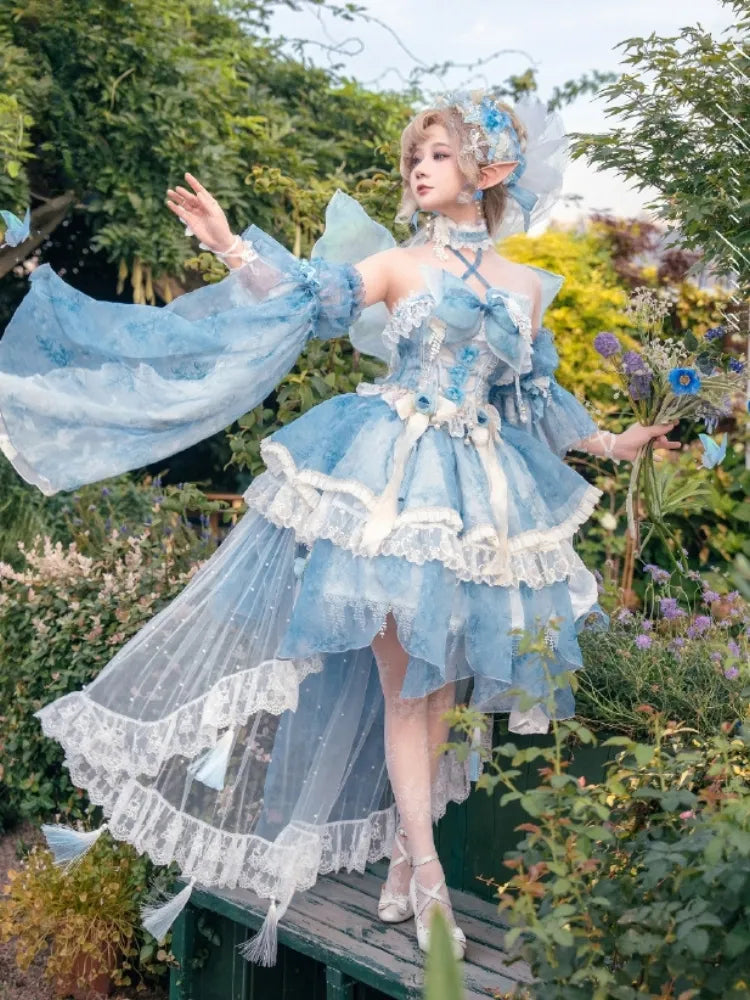 Full Princess Floral Butterfly Set Design Blue JSK Fairycore Lolita Dress