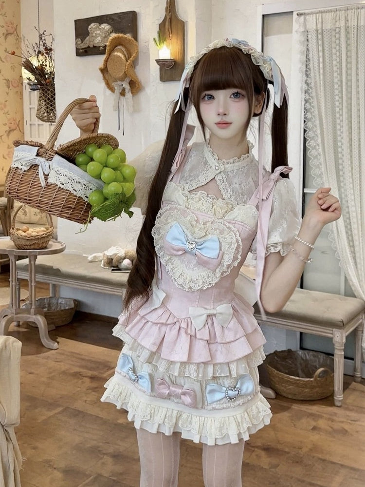 Skirt Lolita + Accents Puff Pink Full Sleeves and Set Cami Sweet - Top Cropped Bow Blue