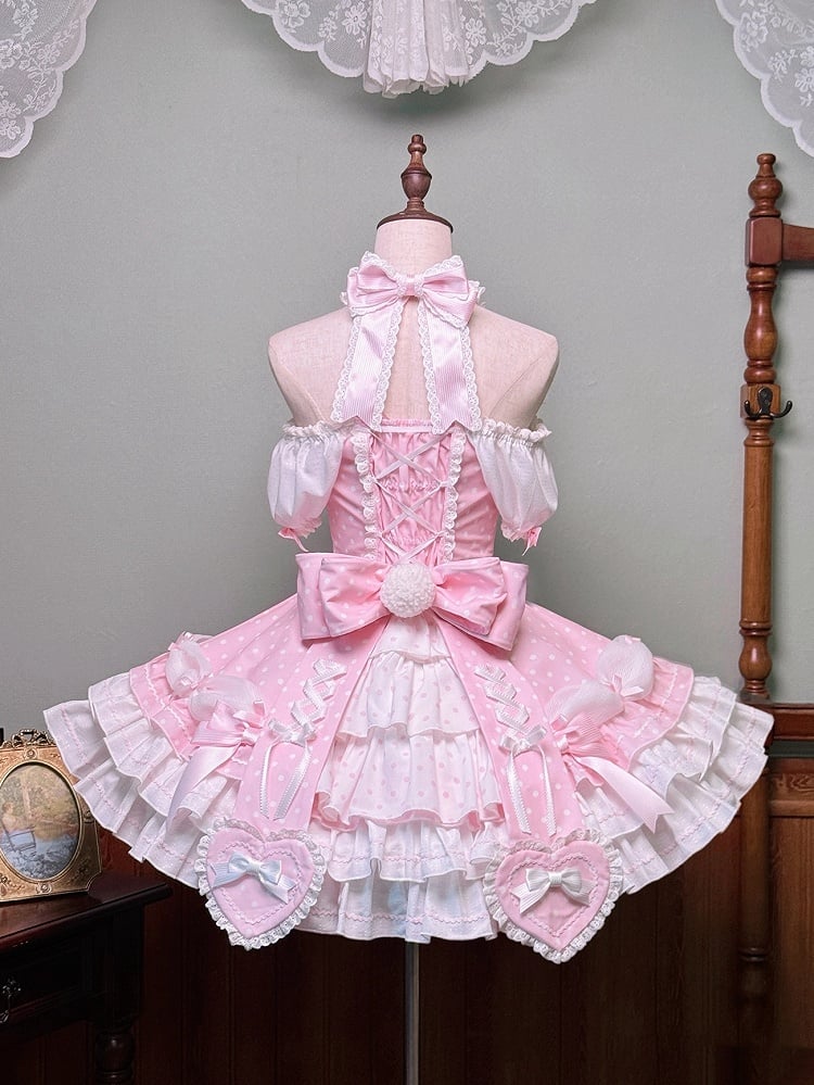 Ärmel Polka und Pink Alt mit Kleid Lolita Akzente Schleife Hals Neckholder Dot Puff Schule